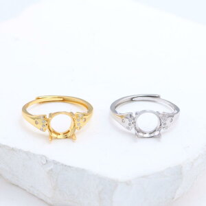 指輪 レディース 開口式 サイズ調整可能 ラウンド ジルコニア 翡翠 玉髄 琥珀 宝石セッティング 925純銀 リング台 シンプル ファッション 通勤 春夏