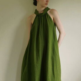 ワンピース レディース ホルターネック サンドウォッシュ リネン テクスチャー Aライン ハイウエスト ミモレ丈 無地 グリーン きれいめ 通勤 オフィス カジュアル