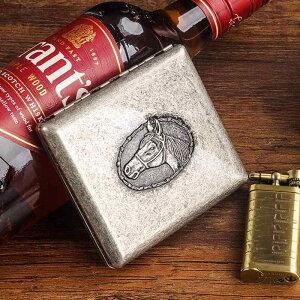 シガレットケース メンズ 銅製 ホースヘッド エンブレム アンティークシルバー レトロ ヴィンテージ 個性的 おしゃれ 携帯用 たばこ用品 喫煙具 収納 高級感 上品なデザイン(x2)