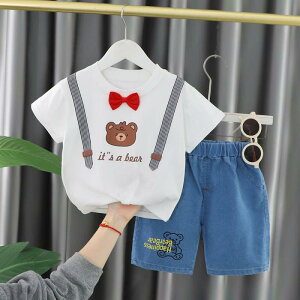 キッズ 男の子 ベビー服 夏 半袖 ショートパンツ 吸汗速乾 コットン 韓国風 おしゃれ かっこいい キャラクター 蝶ネクタイクマ柄 2点セット
