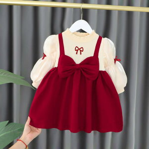 ワンピース ベビー 女の子 子供 フェイクツーピース 蝶々柄 コットン 長袖 春秋 おしゃれ かわいい プリンセス 韓国風 1歳 2歳 3歳 80cm 90cm 100cm