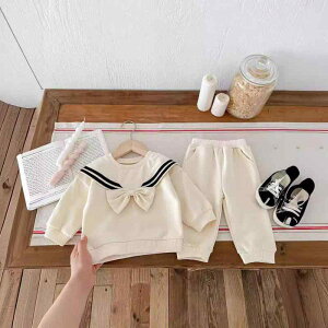 セットアップ ベビー キッズ 春秋 薄手 綿95% 長袖 スウェット トレーナー ロングパンツ アカデミー風 韓国風 カジュアル かわいい おしゃれ ルームウェア 通園着