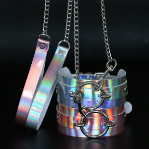 首輪 ユニセックス ホログラム 光沢 レザー Oリング スタッズ 調教 束縛 牽引リード付き アダルト フェティッシュアイテム 個性的 セクシー パンク ロック コスプレ(x2)