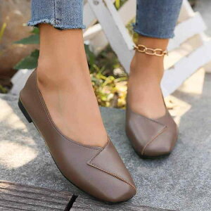 フラットシューズ レディース モカシン 快適 ポインテッドトゥ 浅履き スリッポン ぺたんこ ローヒール キャンバス 無地 大きいサイズ 通勤 欧米風 ブラウン 春夏(x2)