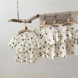 キッズ 男女兼用 ルームウェア 綿 ワッフル生地 柔らか加工 北欧風 フルーツ柄 かわいい パジャマ 上下セット 部屋着 春夏 3歳から8歳向け A類安全基準