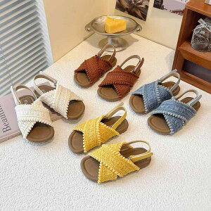 サンダル キッズ 女の子 クロスストラップ マジックテープ ソフトソール 軽量 滑り止め ゴム底 シンプル カジュアル 夏用 合皮 子供靴 普段使い お出かけ ブラウン アイボリー イエロー ブル