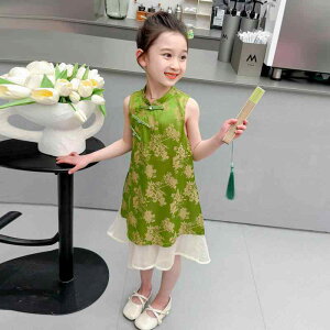 チャイナドレス 女の子 薄手 花柄 ネオチャイニーズスタイル 改良版 春夏 子ども服 グリーン 中国風 民族衣装 エスニック かわいい ドレス ガールズ ワンピース