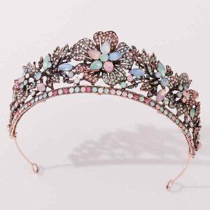 ヘッドドレス 花嫁用 ウェディング バロック調 宮廷風 カラフル ラインストーン 葉っぱモチーフ ティアラ カチューシャ 合金製 アンティークレッドカッパー