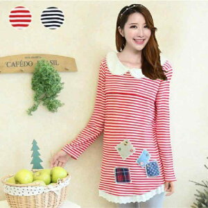 授乳服 マタニティトップス レディース 韓国風 長袖 クルーネック ボーダー柄 ゆったり 綿100% 高品質 春秋 お出かけ 普段使い カジュアル おしゃれ(x3)