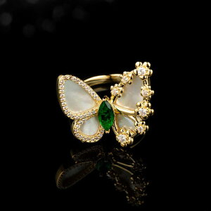 指輪 レディース 軽奢 天然シェル 蝶々 オープンリング フリーサイズ 人差し指リング マイクロパヴェ エメラルドグリーン 昆虫モチーフ 通勤