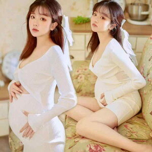 ニットワンピース マタニティ レディース 長袖 ポリエステル素材 フォトスタジオ撮影用 ナチュラル おしゃれ セクシー オールシーズン(x2)