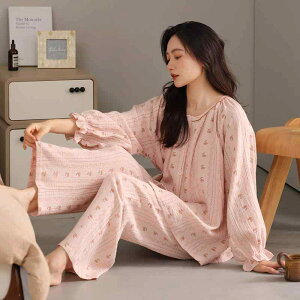 パジャマ マタニティ レディース 綿100% ガーゼ 長袖 授乳口付き ソフトタッチ ウエスト調整可能 ルームウェア 産後服 四季兼用 上下セット ロングパンツ