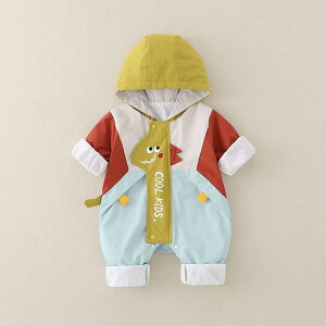 ロンパース ベビー 男女兼用 A類安全 防風 ウインドブレーカー フード付き 長袖 カバーオール ポリエステル 春秋 カジュアル ロング丈 グリーン 70 80 90 100cm