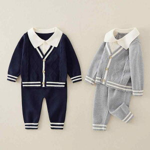 ベビー服 男の子 韓国風 カジュアル おしゃれ 長袖 ニットトップス ロングパンツ 2点セット 春秋 柔らかい 肌触り 無地 ゆったり ポリエステル素材 ネイビー グレー
