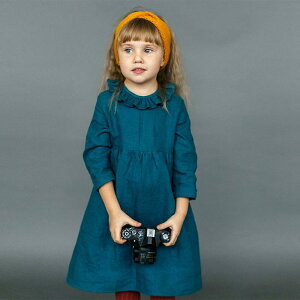 ワンピース キッズ 女の子 子供服 長袖 フリル襟 レトロ かわいい コットン リネン 綿麻 ミドル丈 Aライン 無地 森ガール風 春秋 酵素洗い カジュアル 普段使い お出かけ