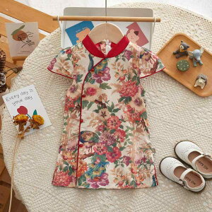 チャイナドレス 女の子 子供服 夏物 花柄 綿素材 薄手 肌に優しい 新中華風 改良ワンピース 赤色 発表会 記念日 お出かけ イベント 誕生日 幼児向け