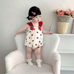 ロンパース 女の子 ベビー 立体いちご 肌に優しい 綿素材 薄手 ノースリーブ 韓国風 かわいい ショート丈 春夏 お食い初め 百日祝い 出産祝い ギフト 部屋着 パジャマ