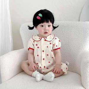 ロンパース ベビー 女の子 新生児 いちご柄 前開き 半袖 薄手 綿100% 韓国風 ショート丈 肌に優しい 夏物