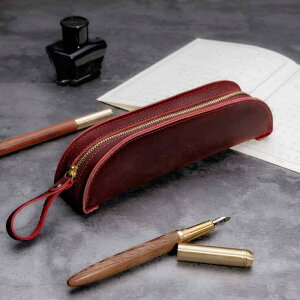 ペンケース ユニセックス クレイジーホースレザー 本革 手作り ファスナー 楕円形 無地 ソフト 小物収納 万年筆入れ レトロ ヴィンテージ カジュアル ビジネス オフィス