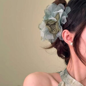 ヘアクリップ レディース モダンチャイナ風 水墨画 花柄 バンスクリップ 華やか 布製 手作り ダークグリーン 韓国風 フェミニン ヘアアクセサリー 髪留め 上品 大人かわいい