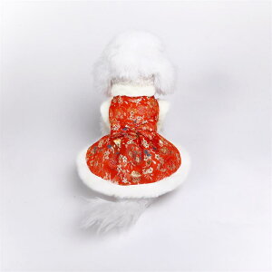 犬 猫用 ペットウェア 秋冬 リード穴付き チャイナ風 立体リボン ワンピース お正月 新年 晴れ着 かわいい 綿混紡 レッド ドッグウェア キャットウェア