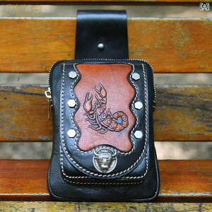 ウエストバッグ メンズ ヌメ革 牛革 本革 ミニボディバッグ ダブルポケット スマホ収納 ファスナー マグネット開閉 縦型 スクエア カジュアル ブラック リベットスタッズ(x3)