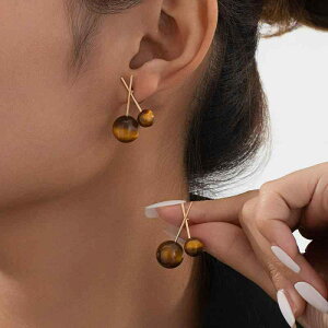 ピアス レディース 女性用 秋冬 レトロ ヴィンテージ マラードブラウン タイガーアイ 樹脂製 フレンチスタイル エレガント 上品