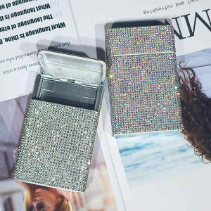 シガレットケース レディース 軽量 プラスチック製 スライド式 隠しボタン キラキラ ラインストーン おしゃれ 個性的 タバコケース 携帯用 ABカラー 白 シャンパンゴールド ローズレッド 黒