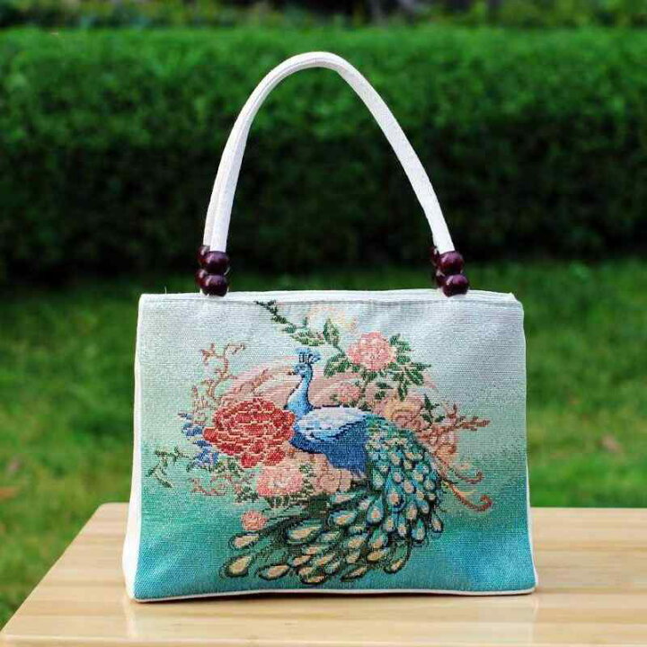 楽天市場】ハンドバッグ レディース 金糸両面花柄刺繍 キャンバス 
