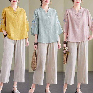 カジュアルセットアップ レディース ミセス シニア 中高年向け 綿麻混 民族風 エスニック 刺繍 ノースリーブ ブラウス パンツ 2点セット 夏 大人 上品 エレガント