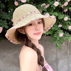 麦わら帽子 レディース 花柄 つば広 ハット 春夏 リゾート ビーチ 海 小顔効果 折りたたみ 通気性 UVカット 日よけ 手編み