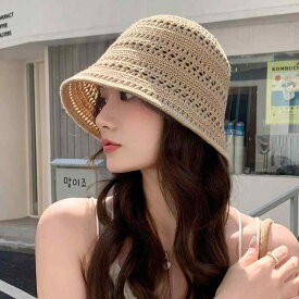 麦わら帽子 レディース 小顔効果 UVカット 日よけ つば広 軽量 透かし編み 通気性 バケットハット ストローハット おしゃれ カジュアル 春夏