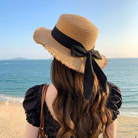 麦わら帽子 レディース UVカット つば広 フリンジ リボン 蝶結び 日よけ帽子 紫外線対策 平天 小顔効果 ビーチ リゾート 日韓風 かわいい ペーパーハット 春夏