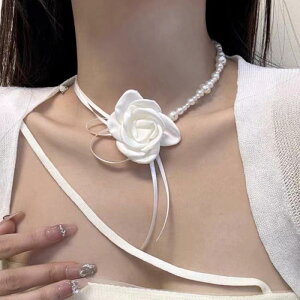 ネックレス レディース チョーカー 白いバラ カメリア サテンリボン 切り替えデザイン ハンドメイド フェイクパール 軽量 レトロ ヴィンテージ パンクスタイル