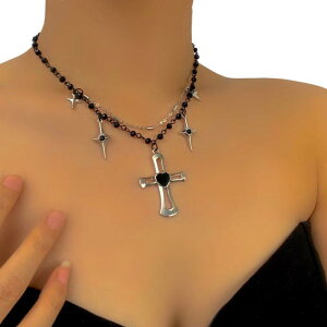 ネックレス レディース 軽量 銅製 電気メッキ加工 ダーク系 パンク 個性的 十字架 ビーズ ロングペンダント チェーン ブラック グレー 存在感 おしゃれ サブカル ファッション
