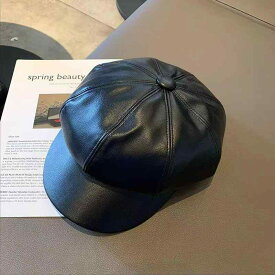 キャスケット レディース 小顔効果 つば広 PUレザー 合皮 フェイクレザー 防寒 防風 UVカット 秋冬 レトロ ヴィンテージ 韓国風 ファッション インフルエンサー カジュアル おしゃれ アウトドア お出かけ