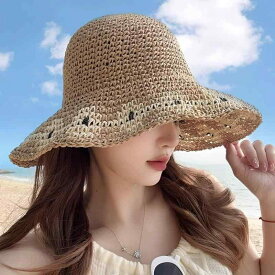 麦わら帽子 レディース UVカット つば広 日よけ 手編み 花柄 ナチュラル 通気性 リゾート アウトドア ビーチハット サマーハット 春夏 ベージュ カーキ