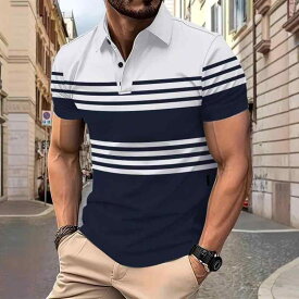 ポロシャツ メンズ ストライプ柄 半袖 3Dデジタルプリント きれいめカジュアル 襟付き スリムフィット 通気性 ウォッシャブル ポリエステル素材 春夏 トップス(x2)