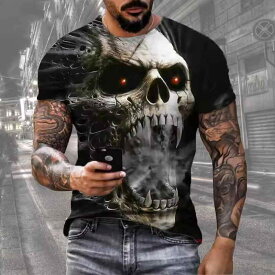 Tシャツ メンズ 吸汗速乾 通気性抜群 メッシュ生地 スカル 3Dプリント トランプ柄 ポリエステル素材 ゆったり ルーズフィット 半袖 クルーネック ストリートファッション カジュアル 春夏