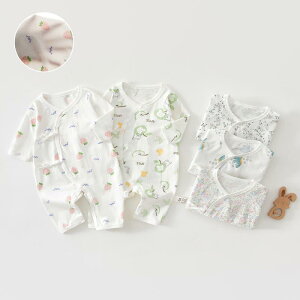 ベビー 新生児 ロンパース 春夏 薄手 お腹ガード 斜め合わせ 紐結び 綿100% 肌に優しい 縫い目なし 安心素材 カバーオール パジャマ 部屋着 総柄プリント いちご柄 りんご柄 恐竜柄 デイジー