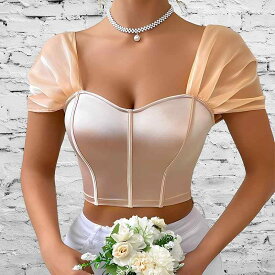 ビスチェ レディース コルセット風 スタイルアップ 薄手 ウエストマーク オフショルダー サテン エレガント セクシー タイトフィット きれいめ お呼ばれ 春夏 トップス