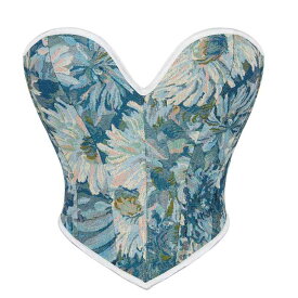 コルセット ビスチェ ベアトップ ウエストシェイプ バストアップ ボディライン補正 ボーン入り 油絵プリント 宮廷風 デニム ポリエステル オールシーズン ブルー(x3)