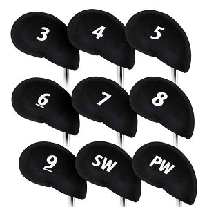 ゴルフ アイアンカバー 潜水素材 9個セット 衝撃吸収 厚手 軽量 撥水加工 番手付き 脱着簡単 クラブ保護 傷防止 黒色 ゴルフアクセサリー(x10)