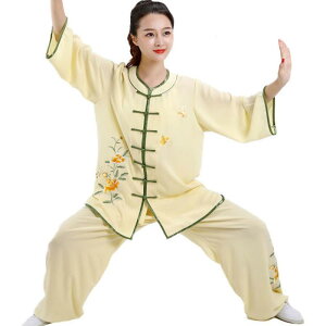 太極拳ウェア レディース シニア 七分袖 春夏 練習着 演武用 上下セット ライクラ配合 軽量 ストレッチ 通気性 着心地良い 蝶々柄 フラワーデザイン