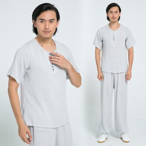 太極拳ウェア メンズ 春夏 接触冷感 リネン混 無地 通気性 吸湿速乾 軽量 ゆったり 長袖 ボタン襟 中国 武術 漢服 練習着 稽古着 演武服