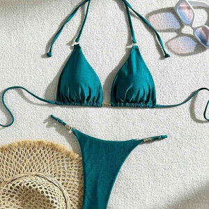 ビキニ レディース セクシー ホルターネック バックレス 金属装飾 単色 カップ付き ワイヤーなし 欧米風 ポリエステル素材 プール ビーチ リゾート マリンスポーツ 大人用
