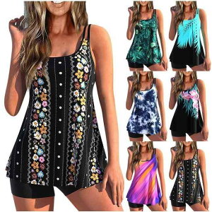 水着 レディース グラデーション プリント セパレート ビキニ パッド入り ノンワイヤー 大きいサイズ スカート ショートパンツ一体型 スイミング プール 海水浴 リゾート