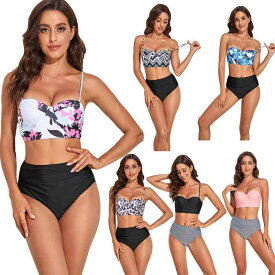 ビキニ レディース セパレート ハイウエストショーツ ワイヤー入り パッド付き セクシー 体型カバー 伸縮性 プリント 花柄 ストライプ ヒョウ柄 水着