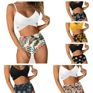 水着 レディース ビキニ ハイウエスト プッシュアップ バストアップ プリント柄 タイデザイン カップ付き ノンワイヤー セクシー 欧米風 高伸縮 スイムウェア 三角パンツ