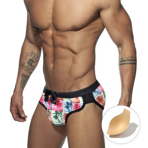 水着 メンズ スイムブリーフ ローライズ カップ付き ヤシの木グリッド柄プリント 速乾 ストレッチ ビーチ プール ジム フィットネス スポーティー